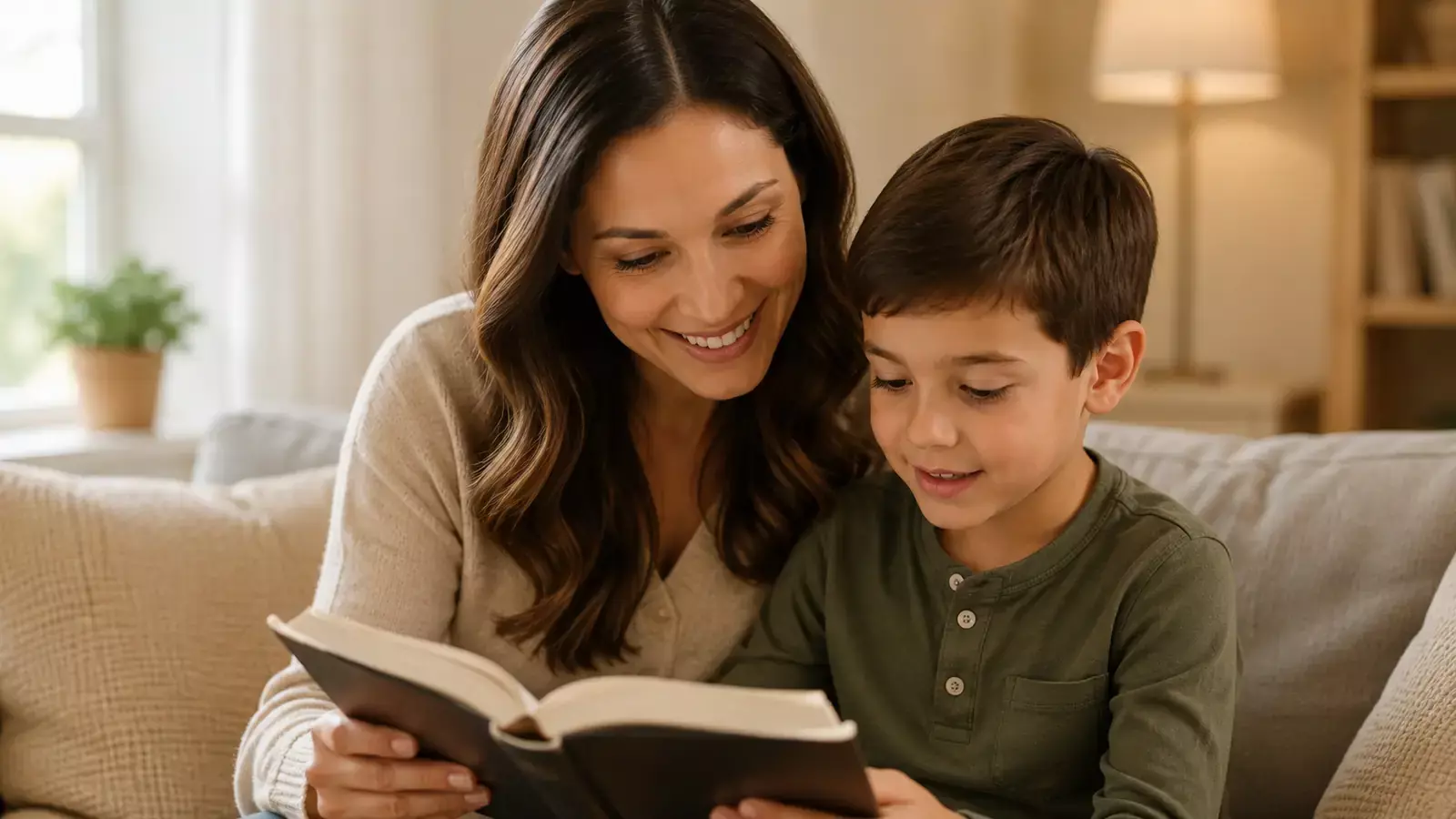 A parent and child reading a Bible lesson together in a warm family learning setting