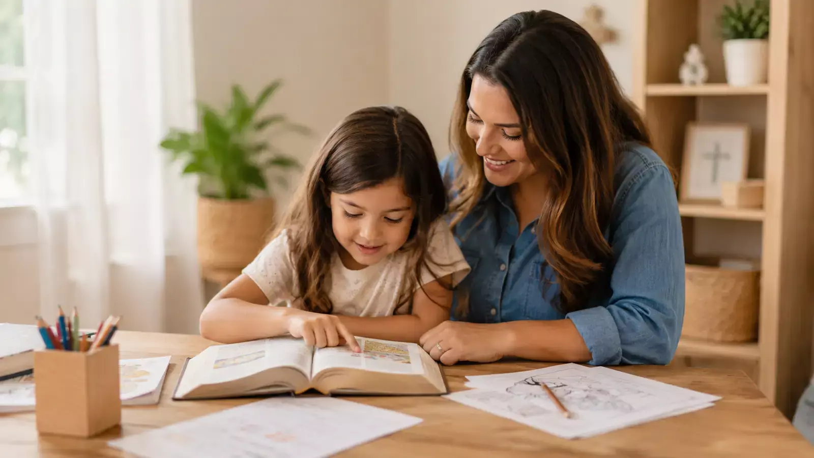A mother and young child reading a Bible lesson together with printable activities in a warm home learning setting