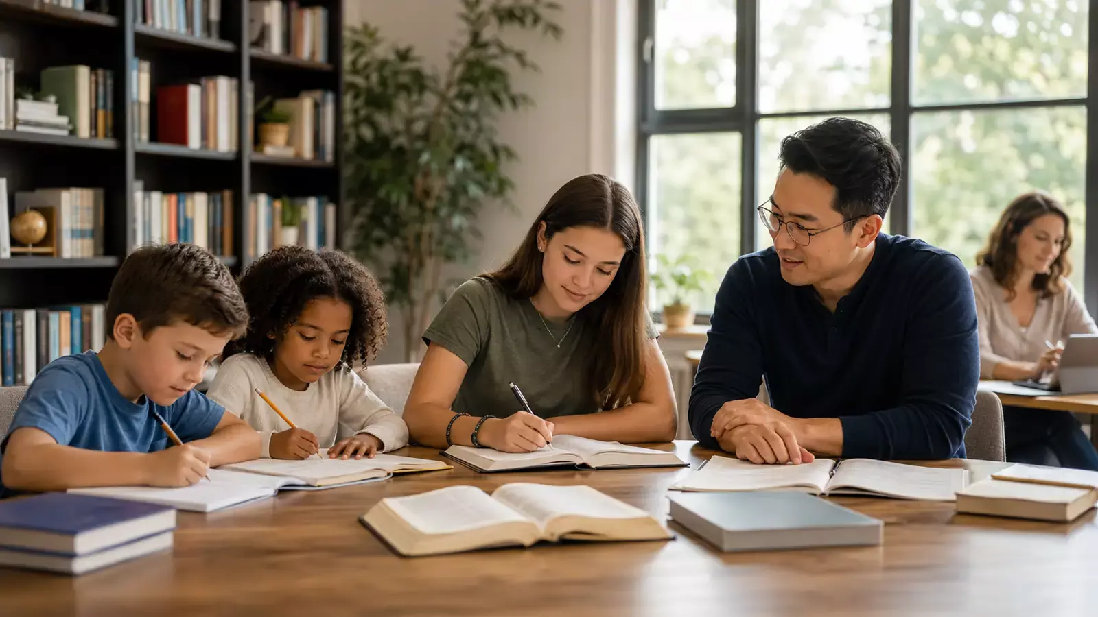 Students and a teacher studying together with books, notebooks, and scripture in a peaceful academy setting