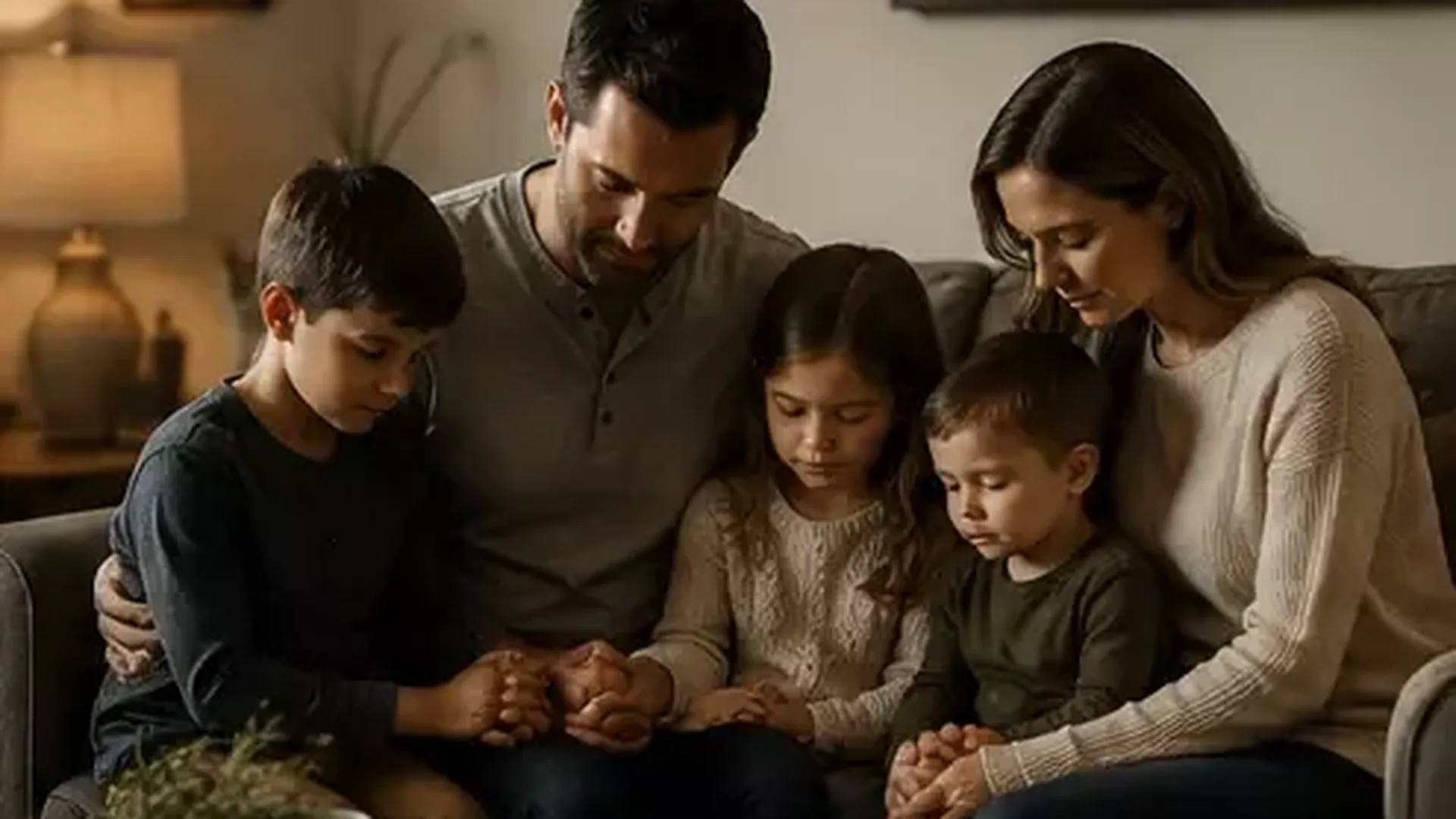 A family praying together over the scriptures at home